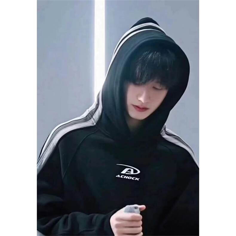 抖音得物美式全棉拼接织带撞色宽松潮连帽印花卫衣外套A1802,女装短外套,电商A443