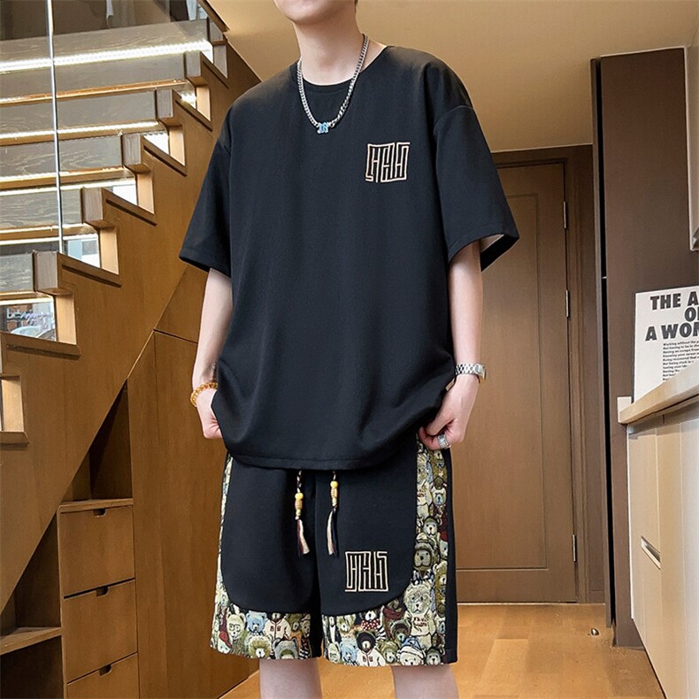 刺绣套装男小熊短裤T恤两件套拼接休闲运动夏季A266-TZ7708-P48,男装牛仔裤,电商A266