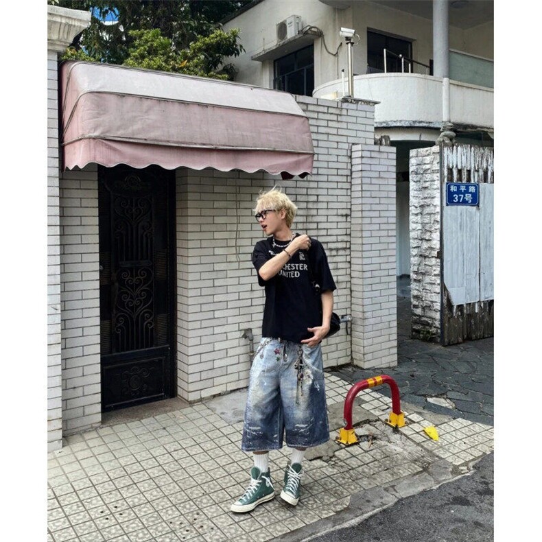DKN47LL-P60 美式复古贴画印花牛仔短裤男宽松直筒七分裤图片