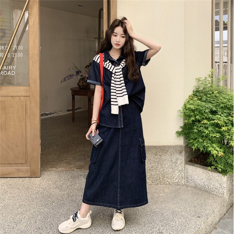 韩系慵懒chic套装裙女初夏穿搭2025新款薄款牛仔衬衫半身裙两件套图片
