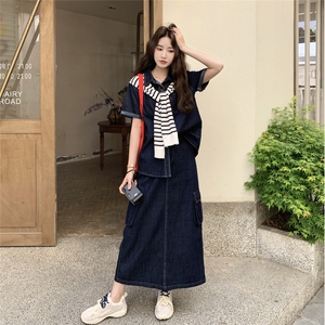 韩系慵懒chic套装裙女初夏穿搭2025新款薄款牛仔衬衫半身裙两件套图片