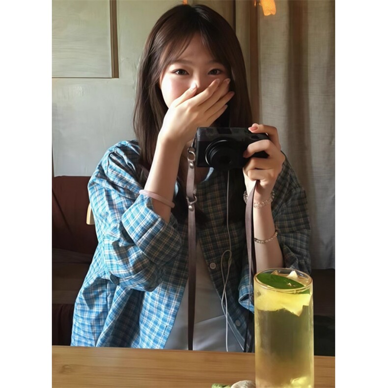 学院风蓝色格子衬衫女早秋流行穿搭字母刺绣衬衣外套上衣CV3052,男装衬衫,星座1116A（原606A-3）