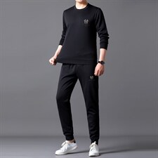 长袖男2023春季潮流纯色圆领宽松体恤衣男装中青年休闲远动裤套装图片