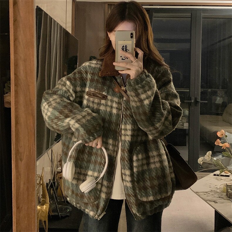 潮牌复古格纹撞色拼接翻领女秋冬新款宽松休闲百搭棉服C540-110,男装棉衣,星座911-2(原星座613-2）