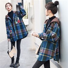 大码宽松微胖MM呢子外套2025秋装新款开衫连帽格子衬衫加厚衬衣冬，女装毛呢外套，意芙