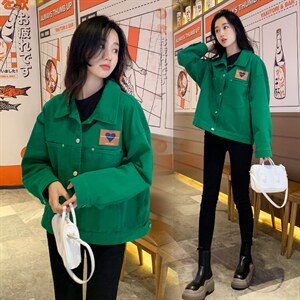 绿色牛仔短外套女港风设计感廓形时髦夹克时尚韩版小清新上衣图片