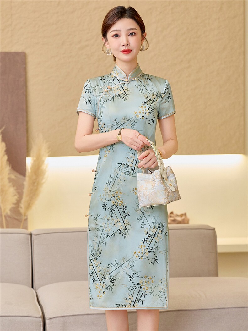 杭州品质真丝中长裙考试专用节节高女春夏日常修身潮流真丝旗袍,女装汉服/婚纱/旗袍/礼服,小荷流