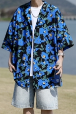8XL-M冰丝凉感衬衣垂感透气复古花纹宽松男五分袖短袖衬衫CS526，男装衬衫，电商D206-1