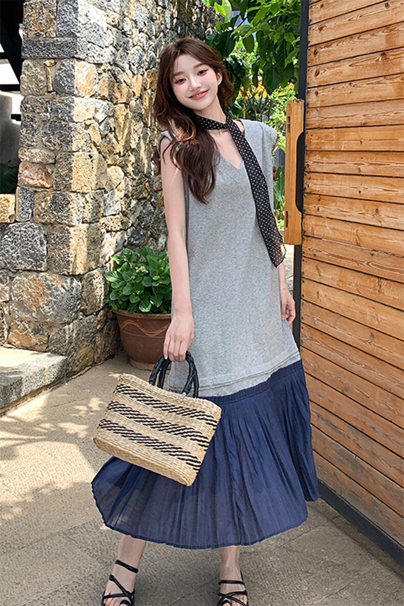 灰色韩版学院风减龄无袖背心连衣裙女2025夏季新款清纯系气质长裙,女装连衣裙,浙宝220
