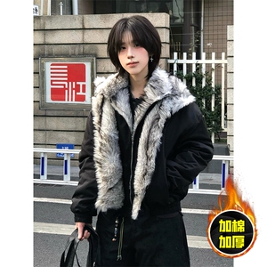 现货高品质美式高街重磅狼王座山雕毛毛领假两件棉衣加厚棉服外套
