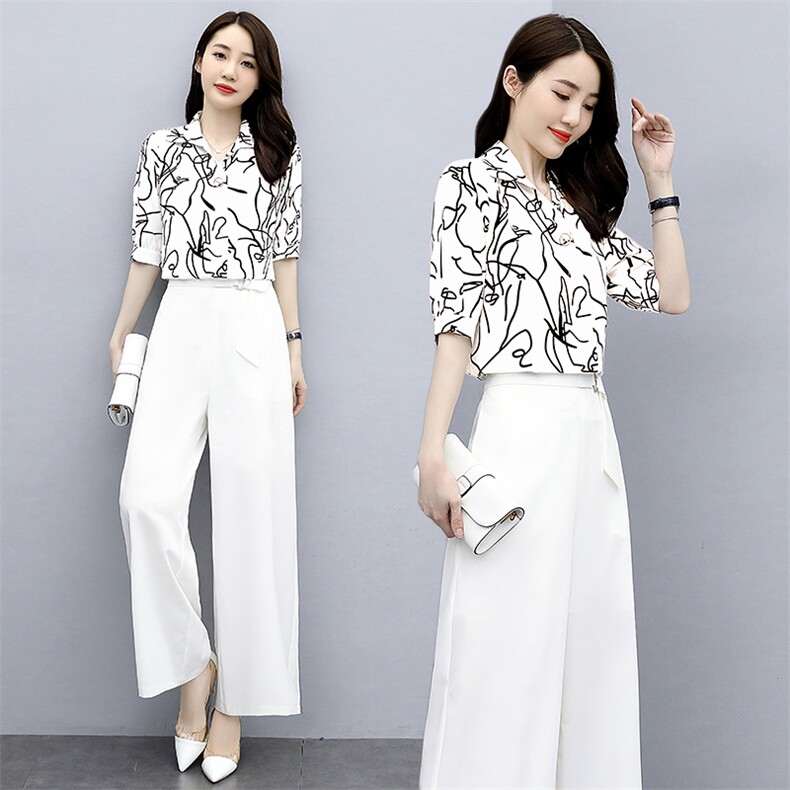 套装女2023年夏装新款女装时尚休闲气质印花上衣阔腿裤套装两件套，女装套装/套裙，关键词