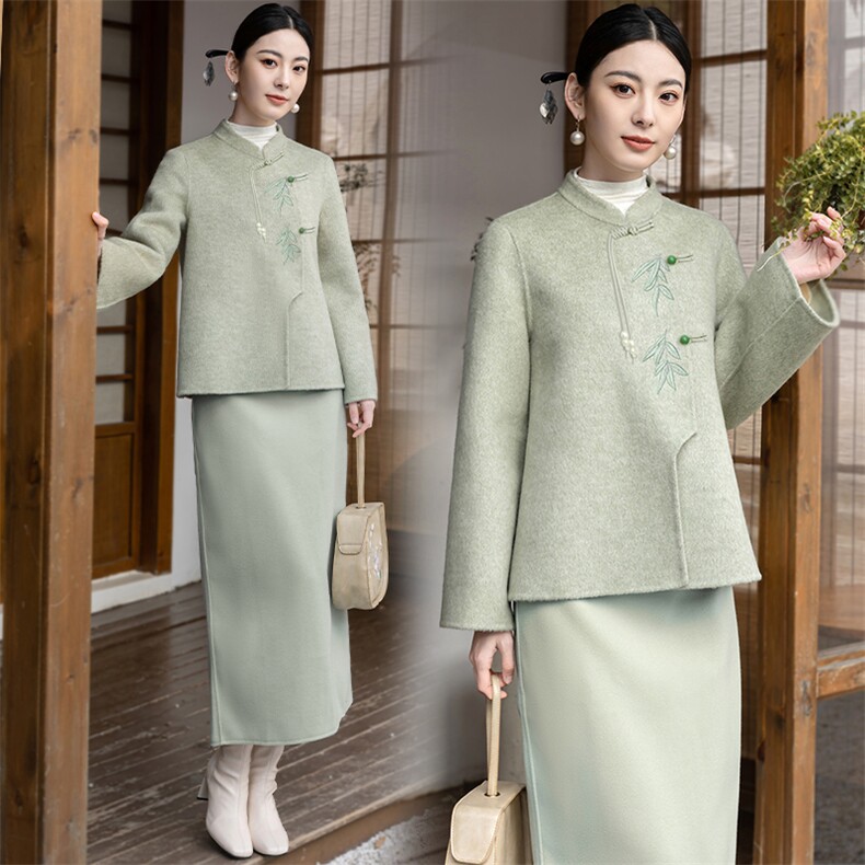 中国风双面羊毛套装女2024春秋新款中式改良旗袍高腰茶服两件套裙,女装套装/套裙,芷墨服饰