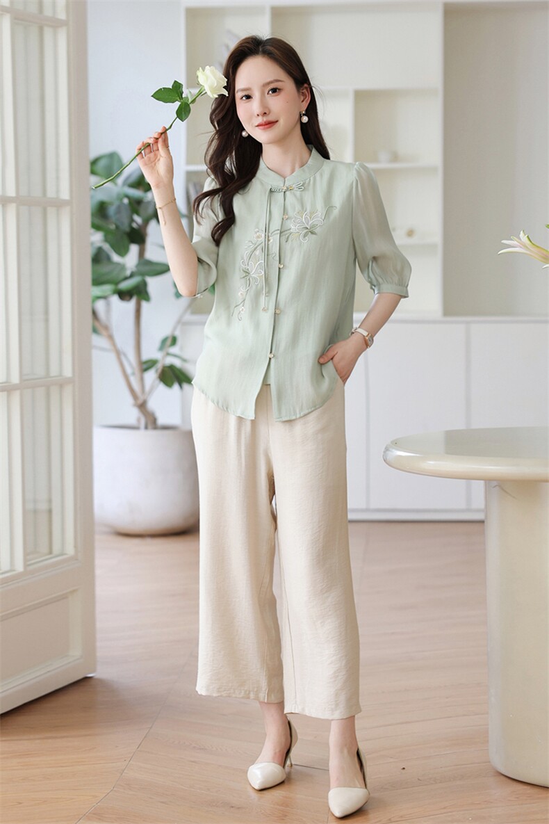 新中式妈妈夏装时尚短袖衬衫2024新款休闲女装搭配一整套两件套,女装套装/套裙,千千佰惠