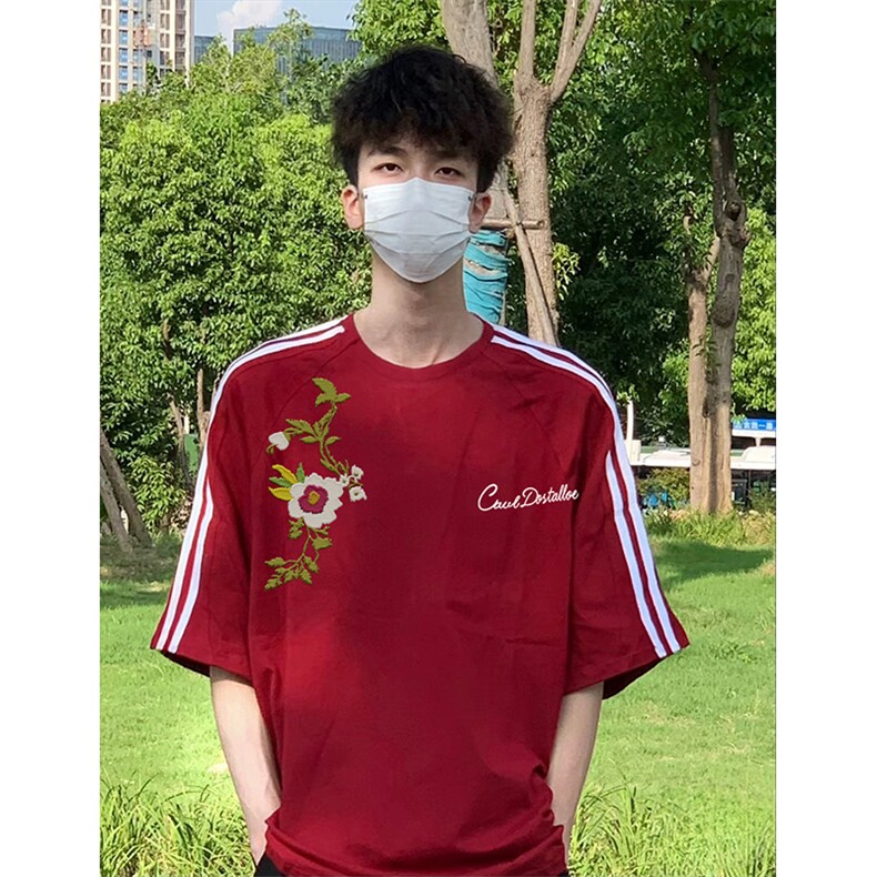 抖音得物高品质二开240克宽松纯棉美式潮牌三条杠织带短袖T恤,男装T恤,电商A486-1
