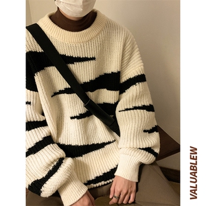 ！23新款宽松大码半高领斑马纹毛衣加厚针织衫M81-P55控78图片