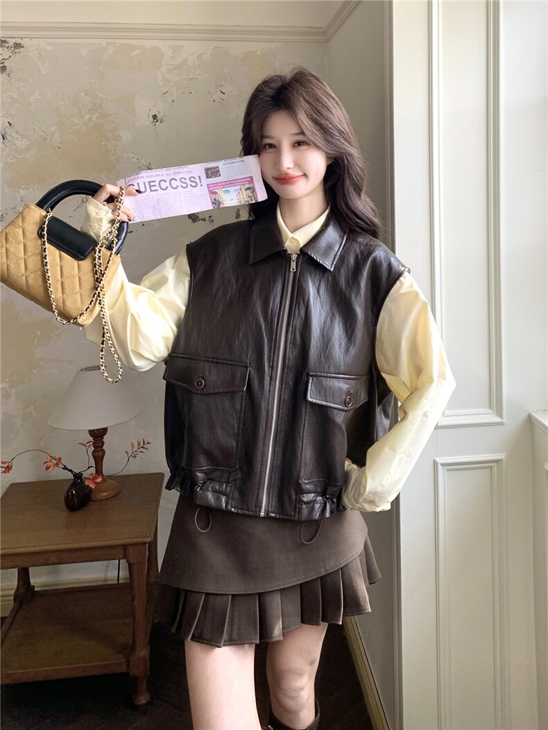 复古风咖色皮衣马甲衬衫套装女2026春新款减龄高级感小个子两件套,女装套装/套裙,艾米莉亚