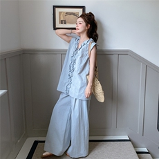 现货夏装新款时尚潮流木耳边上衣阔腿裤两件套2C135-8817P165K238，女装套装/套裙，2C135