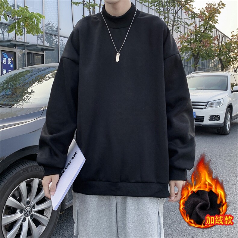 秋冬季半高领加绒卫衣男生ins潮牌纯色内搭打底衫冬装长袖上衣服,男装T恤,星座505-2（原电商A260-1)
