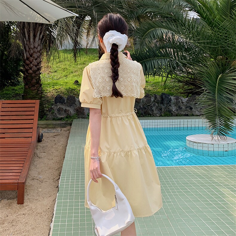 黄色蕾丝披肩法式连衣裙女2025夏季新款韩系收腰减龄小个子衬衫裙图片