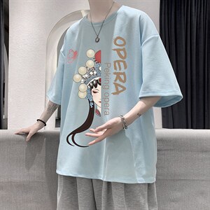 HT73161-P22 京剧脸谱 华夫格t恤男短袖男大码五分袖 大皂风图片
