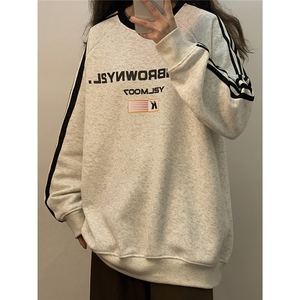 1中性风三杠条纹圆领卫衣字母印花设计休闲卫衣男WY77765P48控68图片