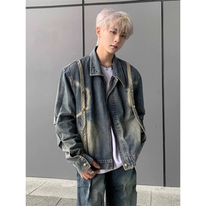 春秋美式高街宽松牛仔外套男女款做旧工装痞帅机车夹克XJK8617图片