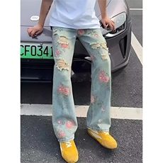 新款流行ins潮流无品牌百搭文艺牡丹提花满印破洞牛仔裤男款夏季，男装牛仔裤，星座613