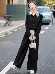 牛仔套装女2025开春季新款超火韩系甜美小香风减龄蕾丝阔腿裤穿搭图片