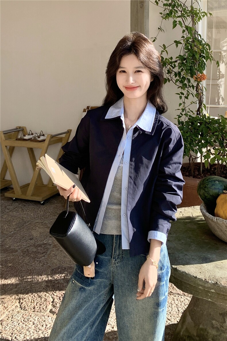 蓝色撞色衬衫领短款夹克外套女2026春秋新款韩系时髦减龄夹克显白,女装短外套,艾米莉亚
