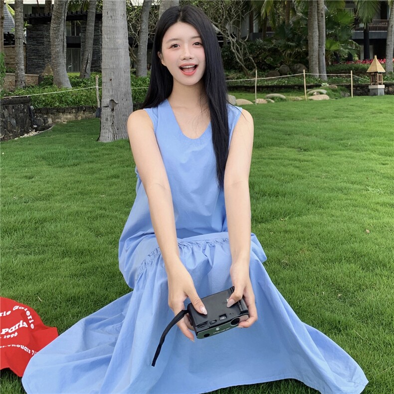 夏日2025新款独特漂亮长裙巨好看漂亮宽松休闲蓝色无袖背心连衣裙,女装连衣裙,2C135