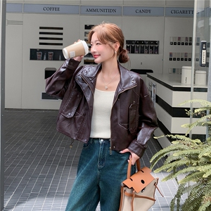 时尚复古新潮pu皮衣春秋季新款女装机车显瘦帅气翻领甜酷短外套女
