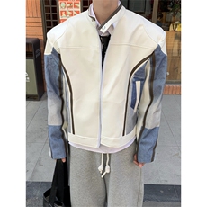 立领垫肩牛仔拼接机车PU皮衣夹克男2025春秋新款小众宽松痞帅外套，男装夹克，星座505-2（原电商A260-1)