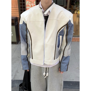 立领垫肩牛仔拼接机车PU皮衣夹克男2025春秋新款小众宽松痞帅外套图片