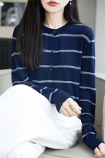 常规款条纹针织开衫女士圆领叠穿长袖针织显瘦休闲打底毛衣小外套，女装针织衫/毛衣，暖绒情旗舰店