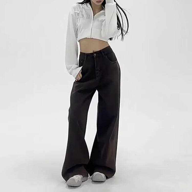 秋冬美拉德咖色阔腿牛仔裤女美式复古棕色裤子宽松直筒拖地裤加绒,男装牛仔裤,星座218-8