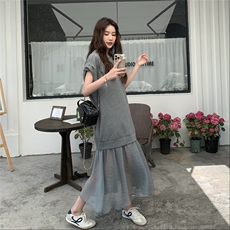 韩系灰色网纱拼接宽松连衣裙女2025夏新款时尚百搭高级感长裙女潮，女装连衣裙，2C258