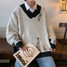 秋季潮牌高街情侣乞丐破烂针织衫百搭拼色破洞毛衣男M624-P40，男装针织衫/毛衣，星座512-2