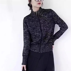 时尚潮流2024年秋冬季新款通勤百搭花纱立领拉链羊毛开衫，女装羊毛衫，丽特绒