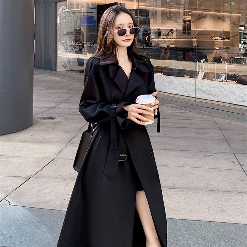 黑色风衣外套女2023新款秋季季英伦风中长款过膝韩系显瘦气质大衣,女装风衣,美吧服饰