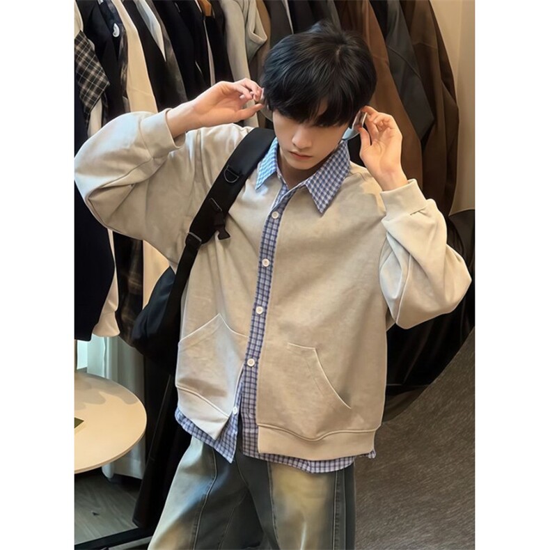 格纹假两件开衫卫衣男秋季学院风外套宽松衬衫领上衣 W817图片