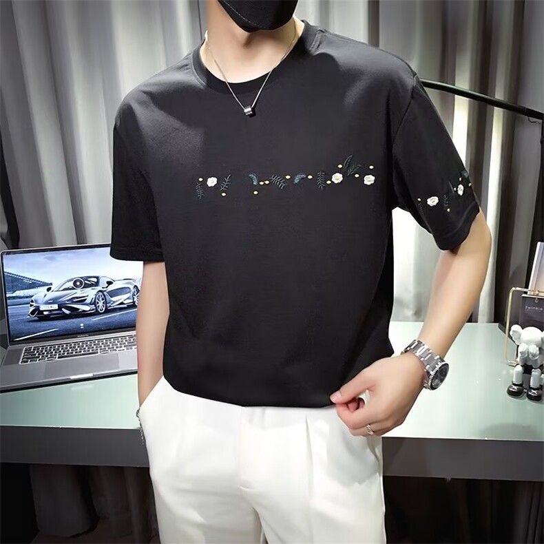 夏季刺绣T恤男短袖潮牌痞帅半袖体恤男2025新款衣服夏装薄款上衣,男装T恤,电商B212（原钱塘6029）