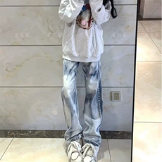 美式扎染牛仔裤设计感高街直筒宽松显瘦阔腿坠感长裤子，男装牛仔裤，星座506A