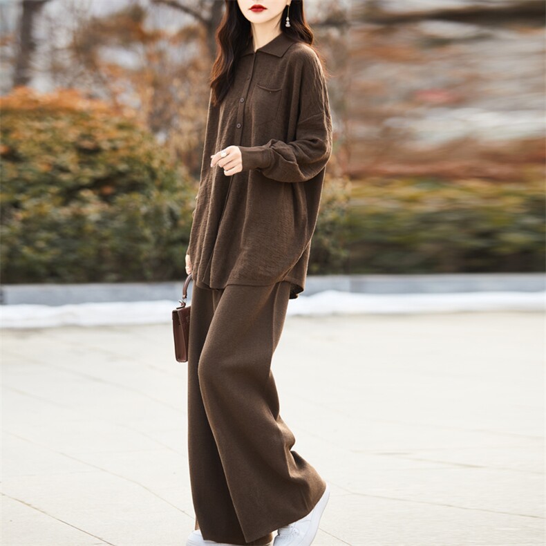 春装新款精纺细支羊毛衫女POLO领针织开衫纯色休闲套装阔腿裤薄款,女装套装/套裙,东远绒业
