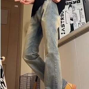 高腰复古蓝牛仔裤男秋冬款美式高街裤子高个子加绒直筒微喇裤图片