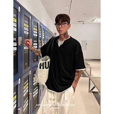 网图假两件灰色v领t恤男夏季设计感短袖美式潮牌半袖7067-P40，男装T恤，星座1001-1