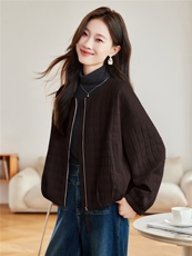 2026年春季宽松圆领方格夹棉短外套上衣，女装棉衣/棉服，简韵佳