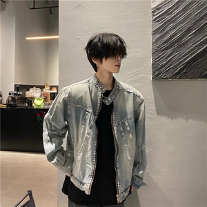 春秋牛仔外套男圆领休闲潮牌水洗痞帅日系复古青少年夹克图片