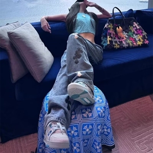 新款潮十字架梵文贴皮水洗牛仔裤男女宽松高街直筒长裤AMS31 P68图片