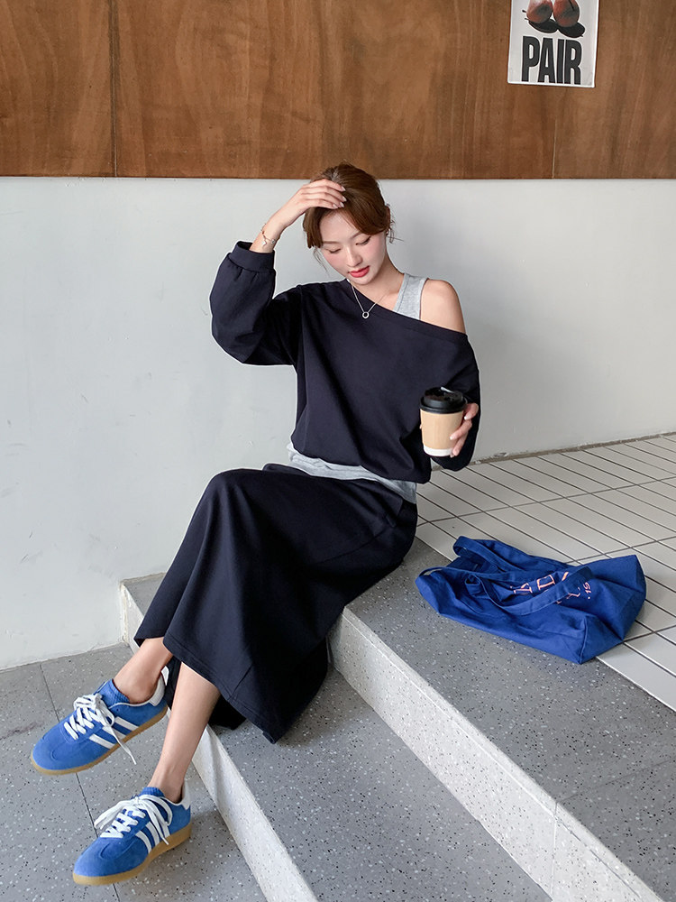 韩系气质假两件露肩卫衣套装裙女2025秋季新款小个子显瘦两件套潮,女装套装/套裙,纯色衣恋