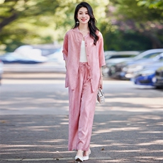 时尚天丝套装2025新款夏季休闲复古气质大码棉麻阔腿裤两件套女装，女装套装/套裙，水衣源